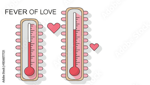 Two thermometers showing high temperature with pink hearts symbolizing a fever of love and romance