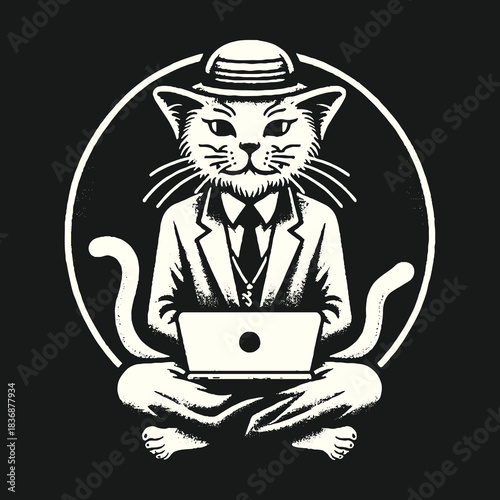 Cat in a Suit Working on a Laptop.