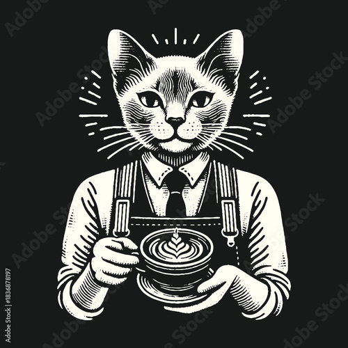 Cat barista holding coffee cup with latte art black and white illustration.