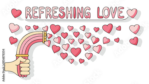 Hand holding a rainbow hose spraying hearts symbolizing refreshing love and affection