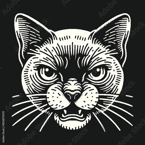 Intense Cat Portrait: Detailed Engraving on Black Background.