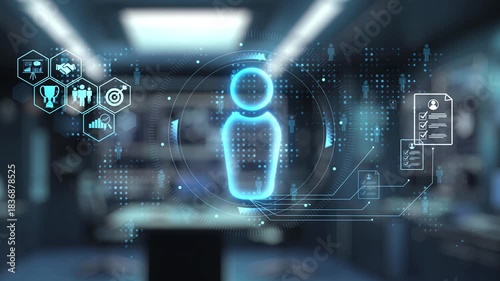 A futuristic robot hand points at a digital representation of a human figure, showcasing advanced technology and interaction in a high-tech environment filled with data visuals. Auvana