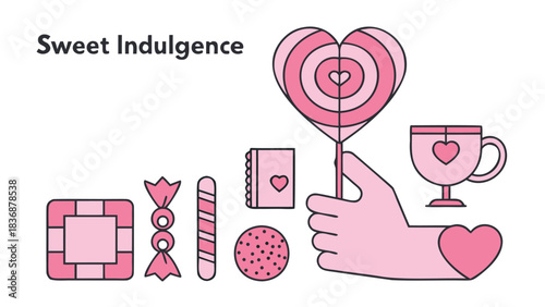 Collection of pink sweet treats and a hand holding a heart shaped lollipop with a cup and notebook