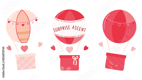 Three whimsical hot air balloons in shades of pink and red decorated with hearts and carrying gift boxes symbolizing surprise and celebration