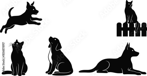 Cat and dog silhouette mix—vector of pets in leaping, sitting, lying, and perched poses with leash and fence
