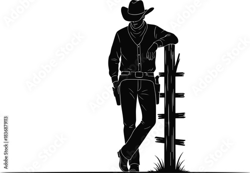 Cowboy leaning on fence silhouette—vector of relaxed Western pose with boots, holster, and grass detail