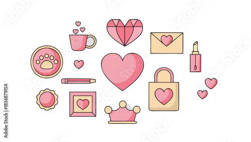 Collection of cute pink and yellow flat design icons featuring hearts a crown lipstick and a paw print on a white background