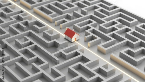 Finding the right path through the complex real estate maze to reach your dream home, symbolizing success and solutions