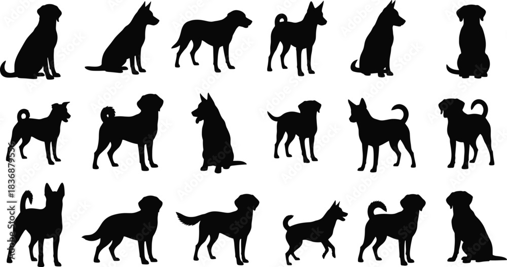 Obraz premium Dog silhouette variety pack—vector of 18 black profiles with breed diversity and sitting, standing, walking poses 