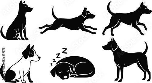 Dog behavior silhouette pack—vector of six stylized poses including sitting, running, walking, sleeping, and alert stance