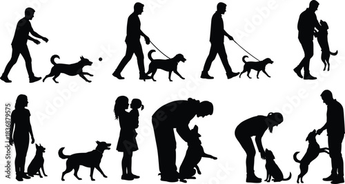 Human-dog interaction silhouette pack—vector of ten scenes showing play, petting, walking, hugging, and companionship