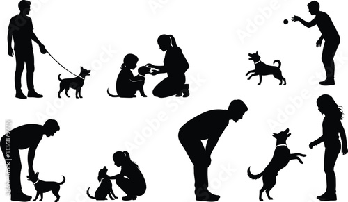 Human-dog bonding silhouette pack—vector of seven interactive scenes with leash, petting, jumping, and play gestures