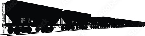 Freight train silhouette—vector of hopper cars on railway tracks with industrial perspective and bulk transport design