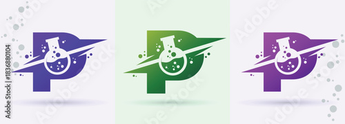 Letter P chemistry beaker swoosh monogram logo science laboratory biotech research brand icon
