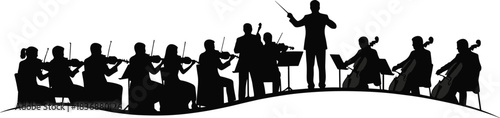 Orchestra ensemble silhouette—vector of conductor and string musicians with music stands on curved platform