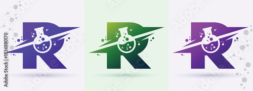 Letter R chemistry beaker swoosh monogram logo science laboratory biotech research brand icon
