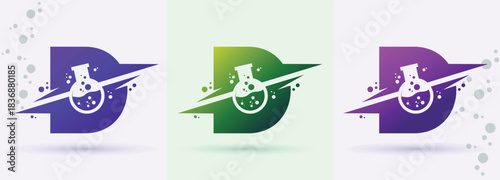 Letter D chemistry beaker swoosh monogram logo science laboratory biotech research brand icon
