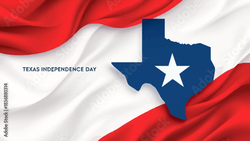 Illustration of the Texas flag draped over a white background, featuring the outline of Texas with a star.
