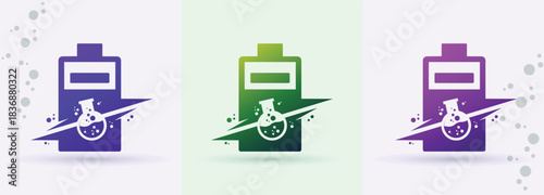 Battery chemistry beaker swoosh logo energy power technology science laboratory biotech brand icon
