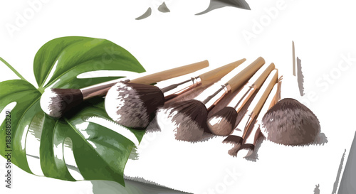 Cosmetic brushes with monstera leaf on a white towel, beauty and wellness