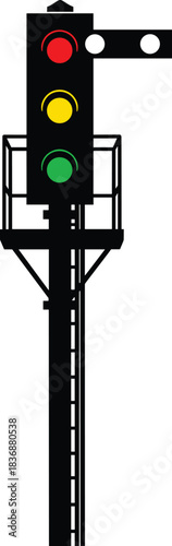 Railway signal silhouette—vector of pole-mounted signal with red, yellow, green lights and semaphore arm 