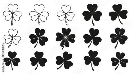 Collection of diverse shamrock and four-leaf clover icons, presented in outline and solid black styles, perfect for good luck themes, St. Patrick's Day designs, and nature-inspired graphics