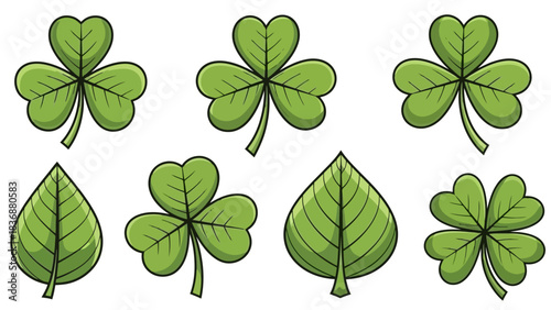 Set of green shamrocks and leaves, stylized illustrations of plants and foliage, good luck symbols