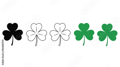 Set of stylized shamrock icons in black and green colors representing good luck and Irish heritage