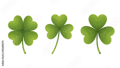 Lucky four-leaf clover and three-leaf shamrock plants, symbols of good fortune and Irish heritage, isolated on a white background