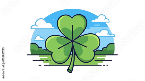 Charming three-leaf clover illustration symbolizing good luck and Irish tradition amidst a cheerful natural landscape with sky and clouds, perfect for festive designs