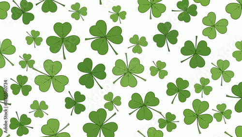 A seamless pattern of green clover leaves on a white background, perfect for St