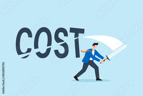 Flat illustration of businessman cutting cost with sword symbolizing expense reduction and financial efficiency