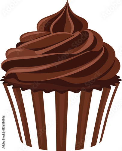 Chocolate cupcake with frosting in a striped paper cup on white background