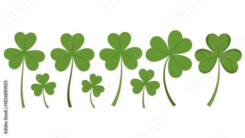 A row of green shamrocks on a white background, symbolizing luck and St. Patrick's Day