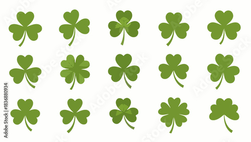 Diverse collection of stylized green shamrock and four-leaf clover illustrations, ideal for adding a touch of luck, nature, or festive Irish charm to digital and print designs
