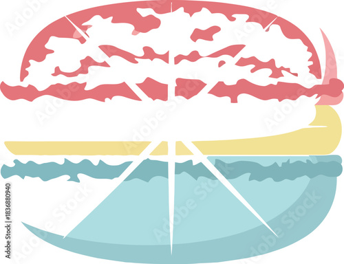 Colorful macaron with pink, yellow, and blue layers on a white background