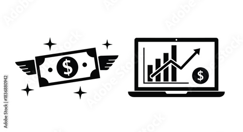 Financial growth with flying money and laptop graph