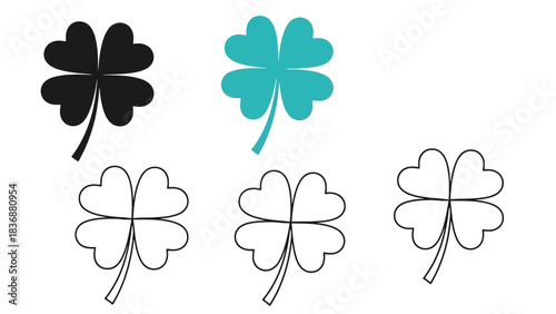 Set of various four-leaf clover icons in solid and outline styles, perfect for good luck charms, Irish celebrations, or general fortune motifs