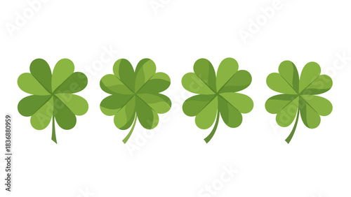 A quartet of vibrant green four-leaf clovers, traditionally symbolizing good luck and fortune, neatly arranged in a row on a clean white background, perfect for themes of success and prosperity