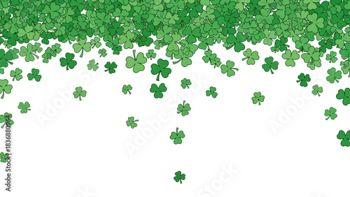 A cascade of vibrant green shamrocks, symbols of good luck, falling from the top of the frame against a clean white background, evoking a sense of springtime festivity and Irish heritage