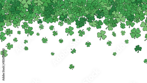 A charming scattering of vibrant green shamrocks and lucky four-leaf clovers forming a decorative natural background, symbolizing hope, fortune, and the fresh spirit of spring