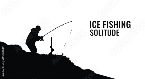 Silhouette of an angler patiently ice fishing on a frozen lake, embracing peaceful solitude.