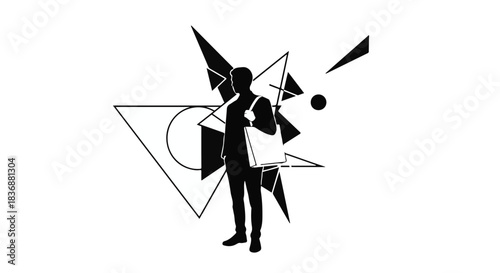 Silhouette of a man carrying a tote bag against a backdrop of abstract geometric shapes and lines