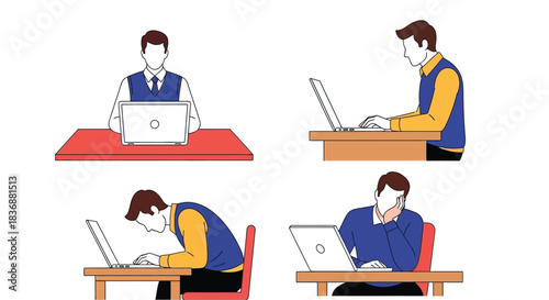 Man working on laptop in different positions and emotions