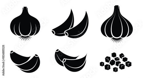 Black icons of onions, garlic, and cubes on white background