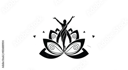 Graceful dancer in silhouette atop a stylized lotus flower, embodying peace and spiritual growth.