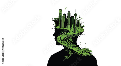 Mindful urban planning unfolds within a silhouette, envisioning a sustainable future.