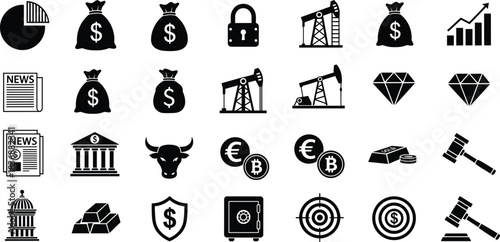 Finance icons, economic vector set, banking symbols, investment tools, commodity visuals, legal elements, business analytics, currency assets, wealth indicators, industry graphics