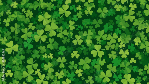 Seamless Pattern of Vibrant Green Three-Leaf and Four-Leaf Clover Leaves Scattered on a Dark Emerald Background, Symbolizing Good Fortune and Nature's Charm