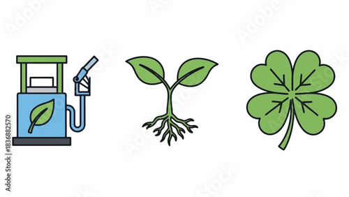 Green energy and nature vector icons biofuel pump, plant sprout, and four-leaf clover. Symbolizing environmental sustainability, ecological growth, and eco-friendly concepts